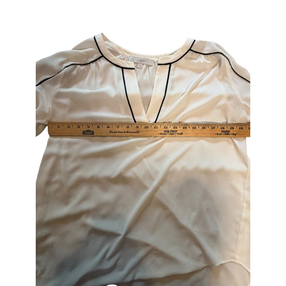 LOFT Cream Blouse | Black Piping | V-Neck | Wide Cuff | Sheer | Size L - Picture 3 of 6